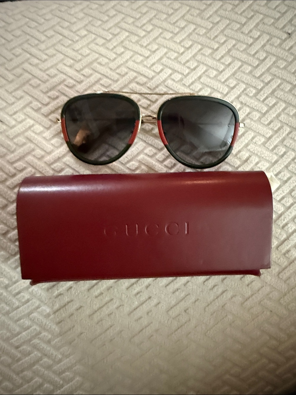 Gucci Gold Metal Aviator Sunglasses with Black Lenses and Burgundy Case